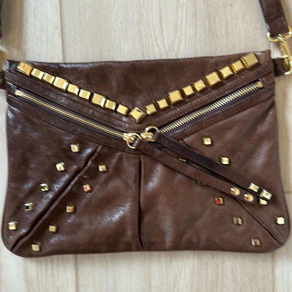 Treesje Brown Genuine Leather Gold Studded Crossbody Bag as seen on Gossip Girl